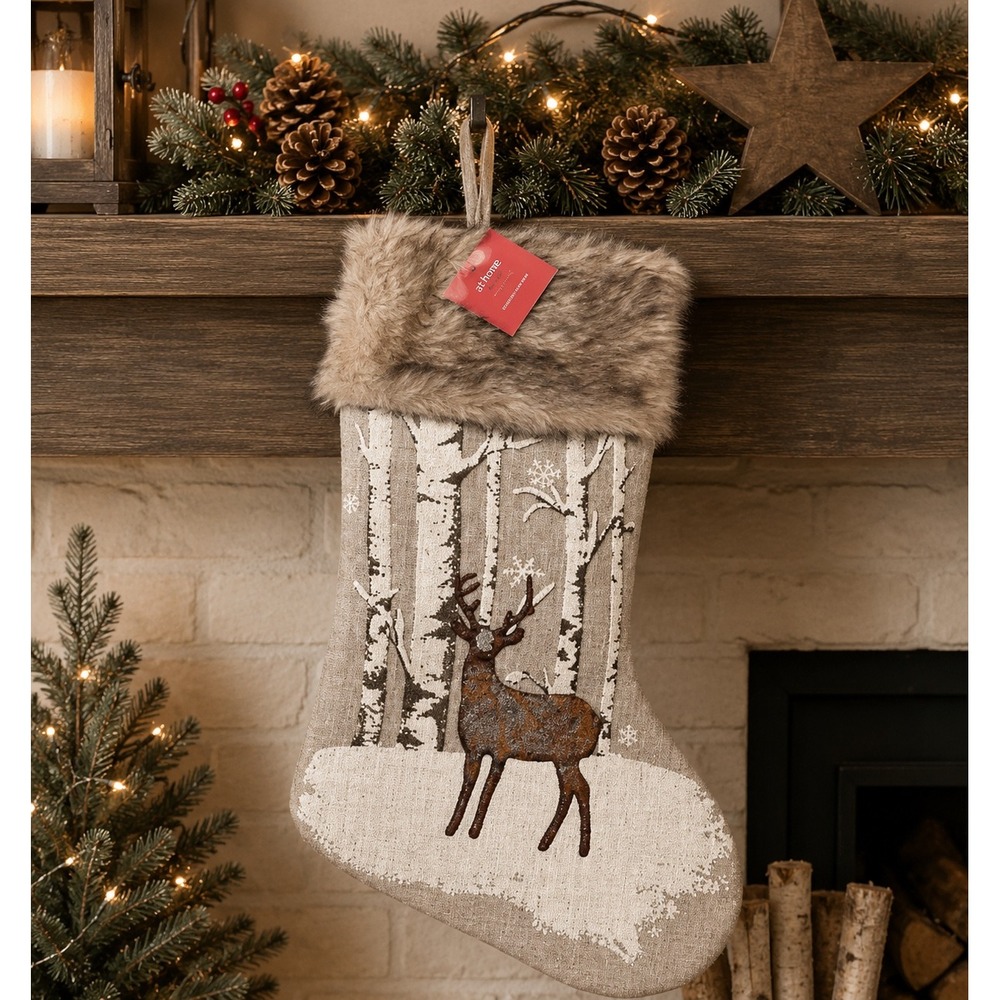 At Home Homespun Holiday Christmas Stocking Faux Fur Cuff Reindeer Woodland